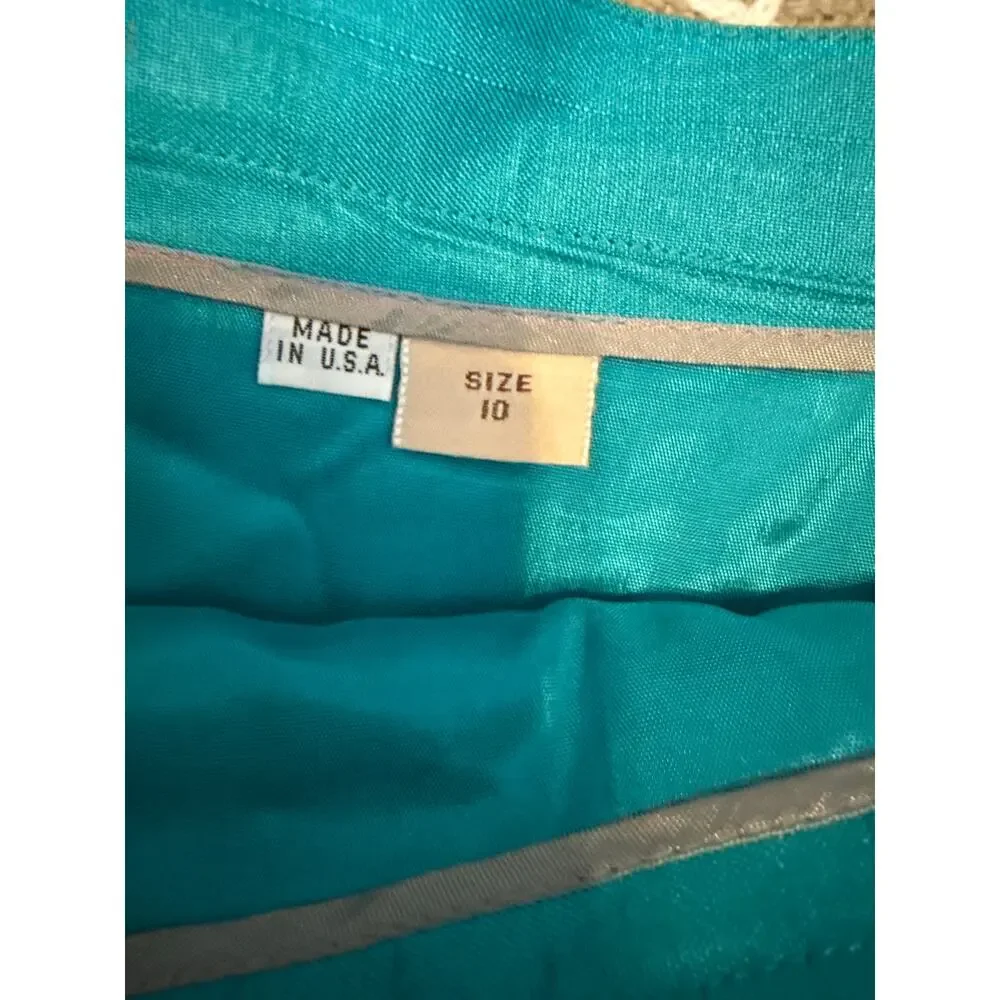 Vintage John Brooks 100% Silk Teal Two Piece Jacket Pleated Midi Skirt Set Sz10